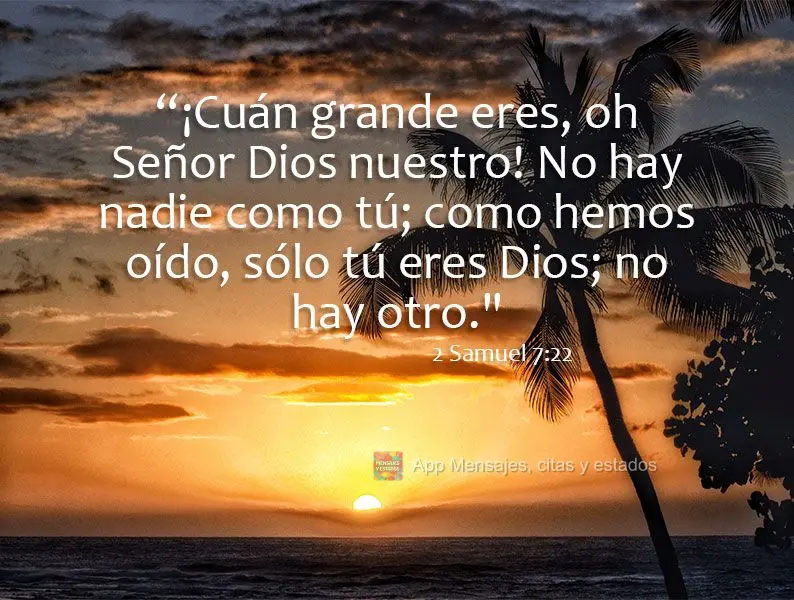 “¡Cuán grande eres, oh Señor Dios nuestro! No hay nadie como tú; como hemos oído, sólo tú eres Dios; no hay otro." 2 Samuel 7:22