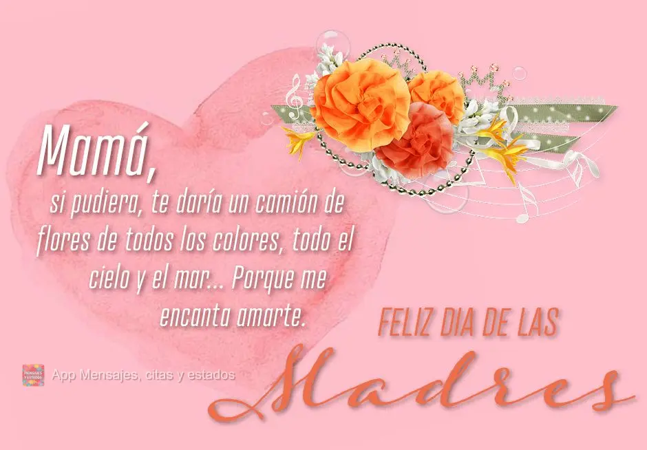 Mamá, si pudiera, te daría un camión de flores de todos los colores, todo el cielo y el mar... Porque me encanta amarte. Feliz dia de las Madres