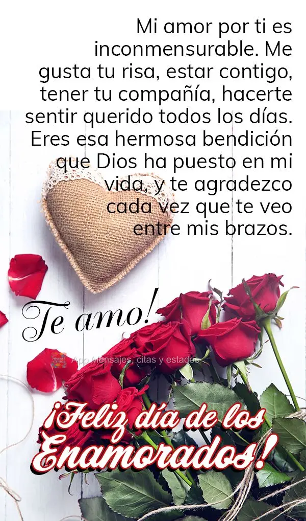 Meu amor por você é imensurável. Gosto da sua risada, de estar com você, de ter sua companhia, de fazer você se sentir amada todo dia. Você é aque...