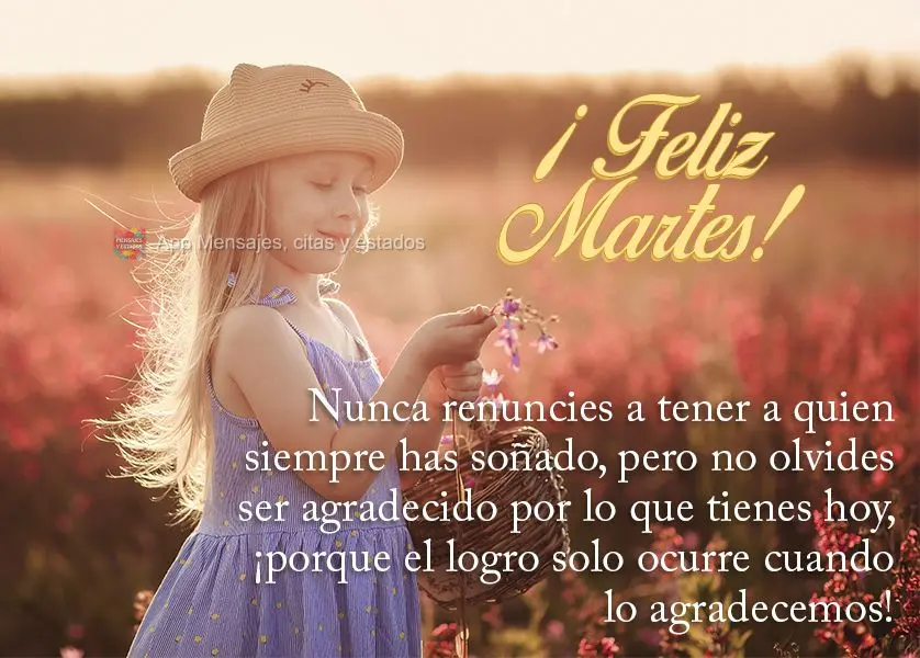 Nunca renuncies a tener a quien siempre has soñado, pero no olvides ser agradecido por lo que tienes hoy, ¡porque el logro solo ocurre cuando lo agrade...