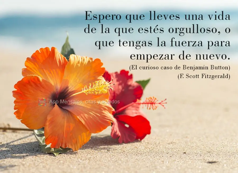 Espero que lleves una vida de la que estés orgulloso, o que tengas la fuerza para empezar de nuevo. (El curioso caso de Benjamin Button) F. Scott Fitzge...