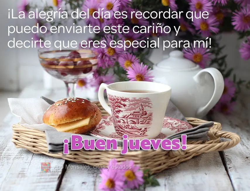 Alegria do dia é lembrar que eu posso enviar esse carinho para você e dizer que você é especial para mim! Boa Quinta-feira!