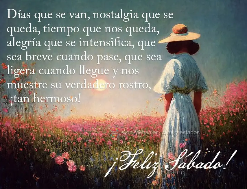 Días que se van, nostalgia que se queda, tiempo que nos queda, alegría que se intensifica, que sea breve cuando pase, que sea ligera cuando llegue y no...