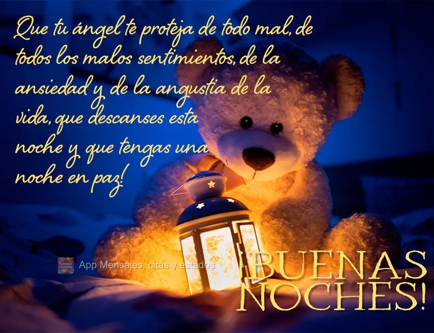 Que seu anjo te proteja de todo mal, de todo sentimento ruim, da ansiedade e das angústias da vida, que essa noite você possa descansar e ter uma noite...