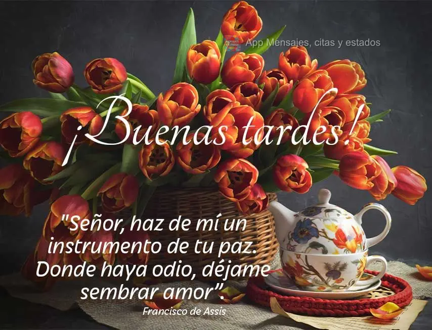 "Señor, haz de mí un instrumento de tu paz. Donde haya odio, déjame sembrar amor”. ¡Buenas tardes!  Francisco de Assis