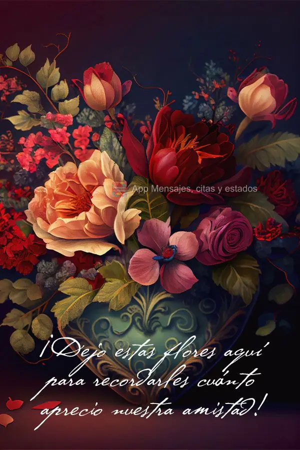 ¡Dejo estas flores aquí para recordarles cuánto aprecio nuestra amistad!