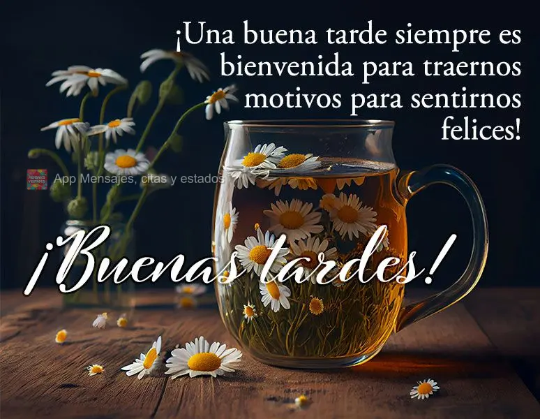 Uma boa tarde é sempre bem-vinda para nos trazer motivos para se sentir feliz! Boa tarde!