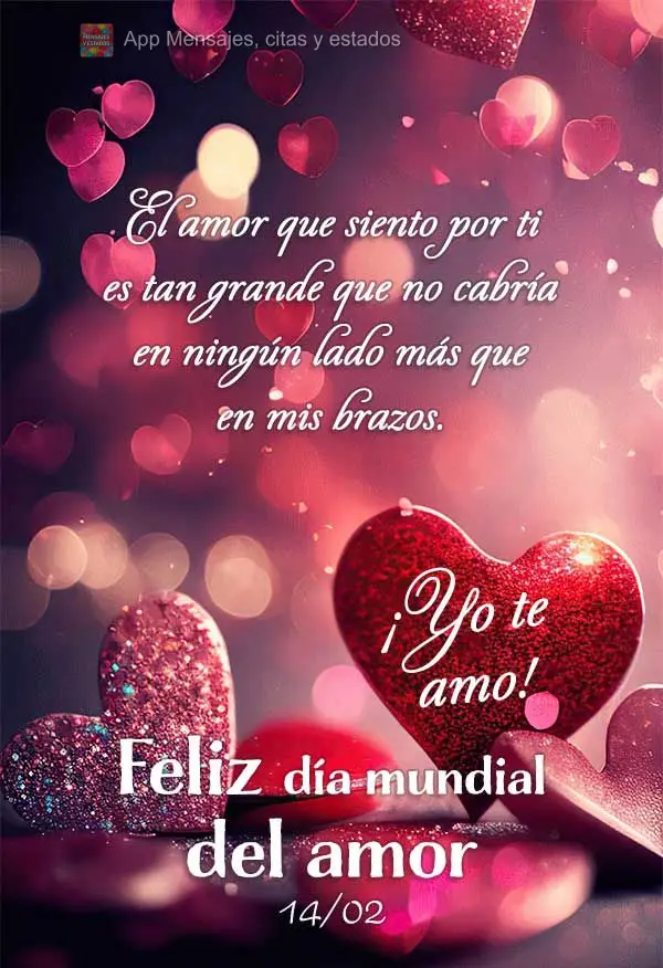 El amor que siento por ti es tan grande que no cabría en ningún lado más que en mis brazos. ¡Yo te amo! Feliz día mundial del amor 14/02