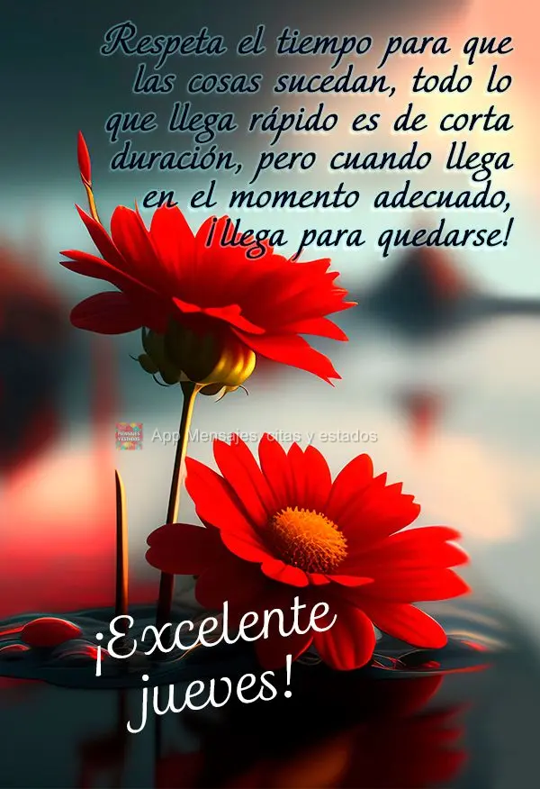 Respeite o tempo das coisas acontecerem, tudo que vem rápido dura pouco, mas quando se vem no tempo certo, vem para ficar! Excelente quinta-feira!