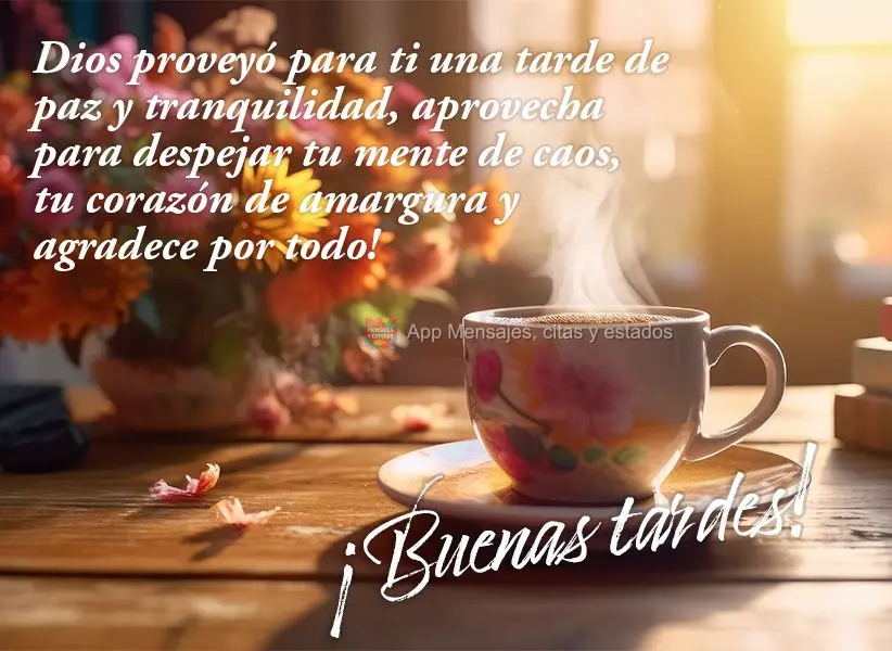 Dios proveyó para ti una tarde de paz y tranquilidad, aprovecha para despejar tu mente de caos, tu corazón de amargura y agradece por todo! ¡Buenas ta...
