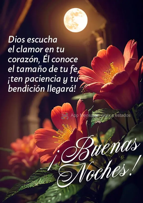 Dios escucha el clamor en tu corazón, Él conoce el tamaño de tu fe, ¡ten paciencia y tu bendición llegará! ¡Buenas noches!
