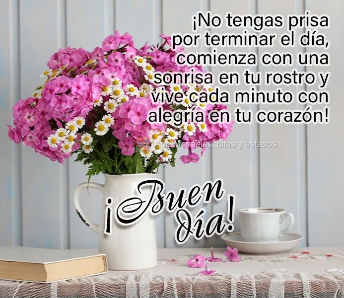 Não tenha pressa para terminar o dia, comece com um sorriso no rosto e viva cada minuto com alegria no coração! Bom dia!