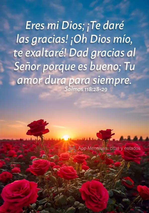 Eres mi Dios; ¡Te daré las gracias! ¡Oh Dios mío, te exaltaré! Dad gracias al Señor porque es bueno; Tu amor dura para siempre. Salmos 118:28-29