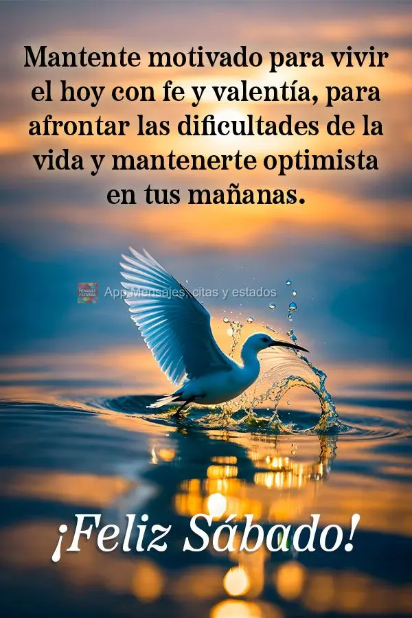 Mantente motivado para vivir el hoy con fe y valentía, para afrontar las dificultades de la vida y mantenerte optimista en tus mañanas. ¡Feliz Sábado...