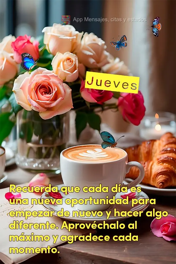 Recuerda que cada día es una nueva oportunidad para empezar de nuevo y hacer algo diferente. Aprovéchalo al máximo y agradece cada momento. Jueves