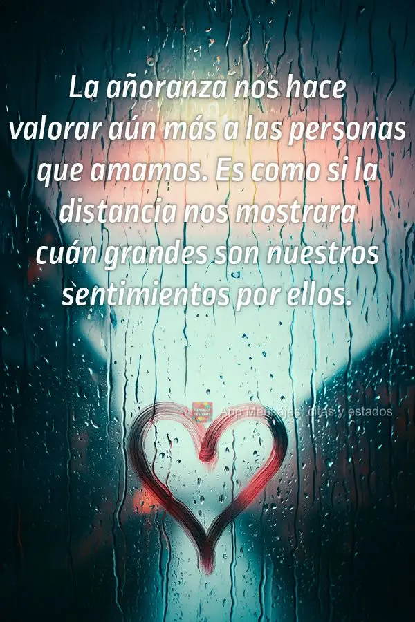 La añoranza nos hace valorar aún más a las personas que amamos. Es como si la distancia nos mostrara cuán grandes son nuestros sentimientos por ellos...