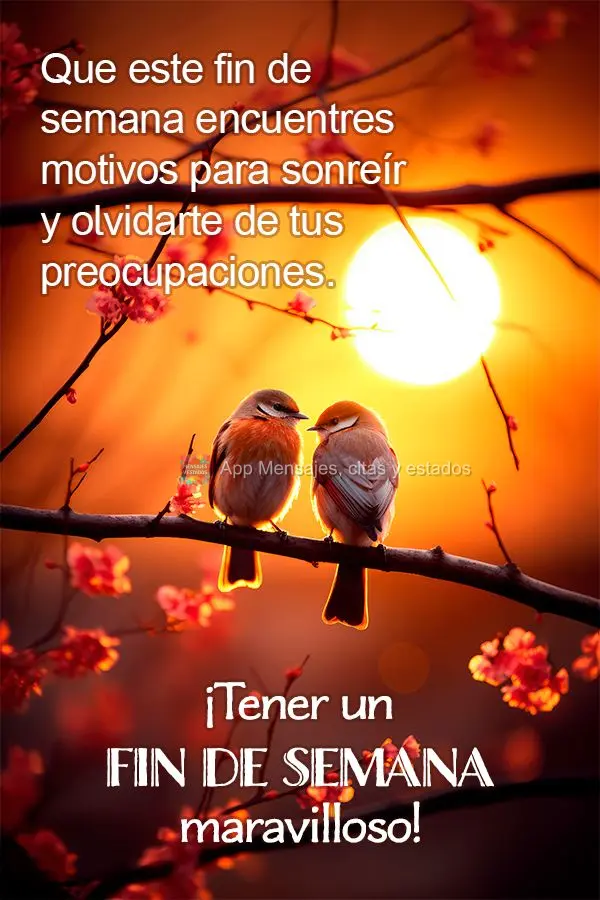 Que este fin de semana encuentres motivos para sonreír y olvidarte de tus preocupaciones. ¡Tener un fin de semana maravilloso!