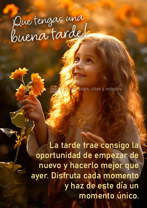 A tarde traz consigo a oportunidade de recomeçar e fazer melhor do que ontem. Aproveite cada instante e faça deste dia um momento único. Tenha uma boa...