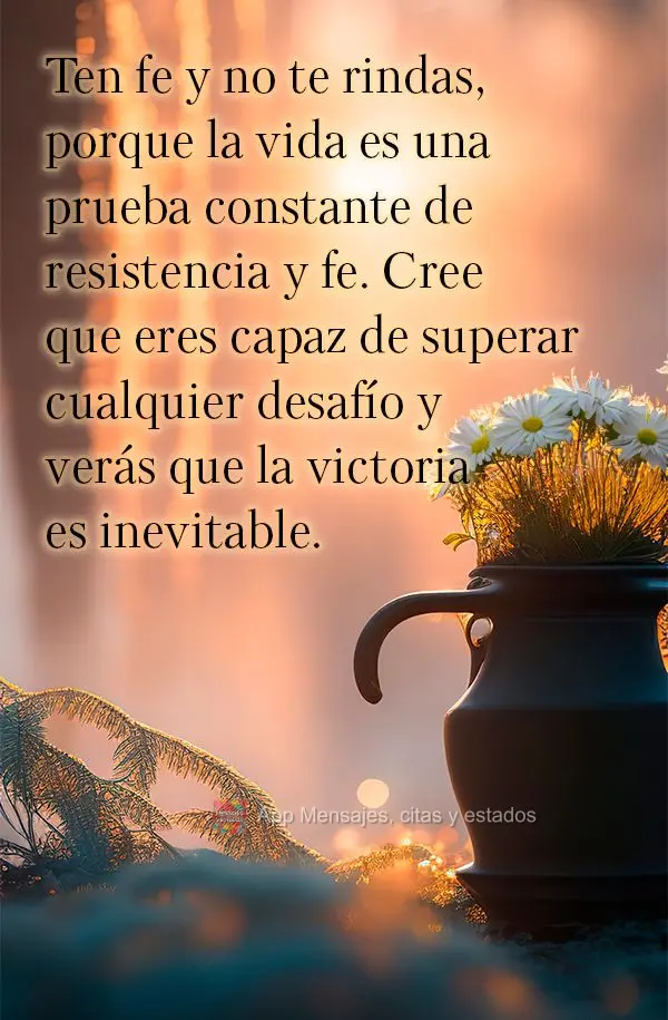 Ten fe y no te rindas, porque la vida es una prueba constante de resistencia y fe. Cree que eres capaz de superar cualquier desafío y verás que la vict...