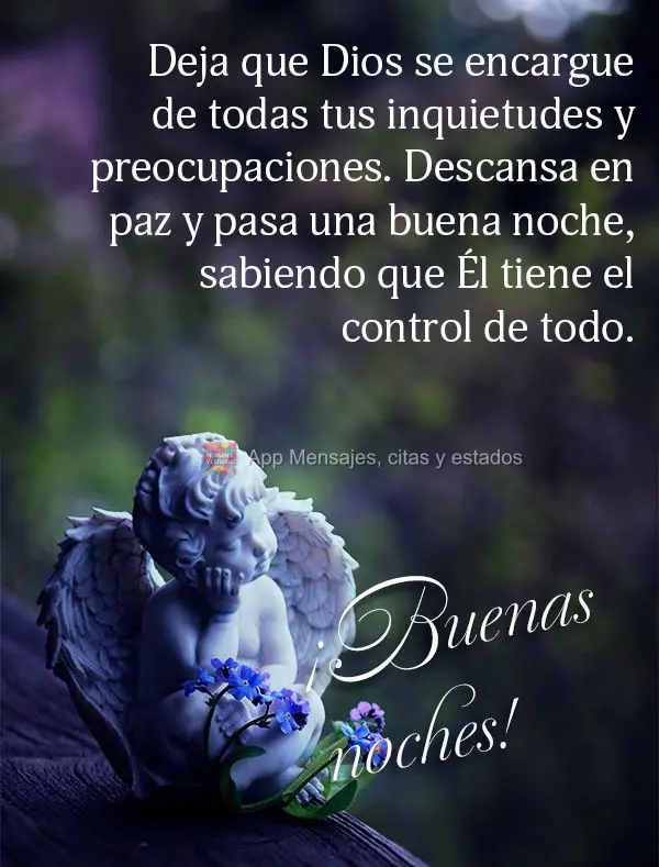 Deixe Deus cuidar de todas as suas preocupações e inquietações. Descanse em paz e tenha uma boa noite, sabendo que Ele está no controle de tudo. Boa...