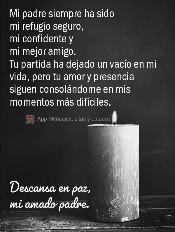 Mi padre siempre ha sido mi refugio seguro, mi confidente y mi mejor amigo. Tu partida ha dejado un vacío en mi vida, pero tu amor y presencia siguen co...