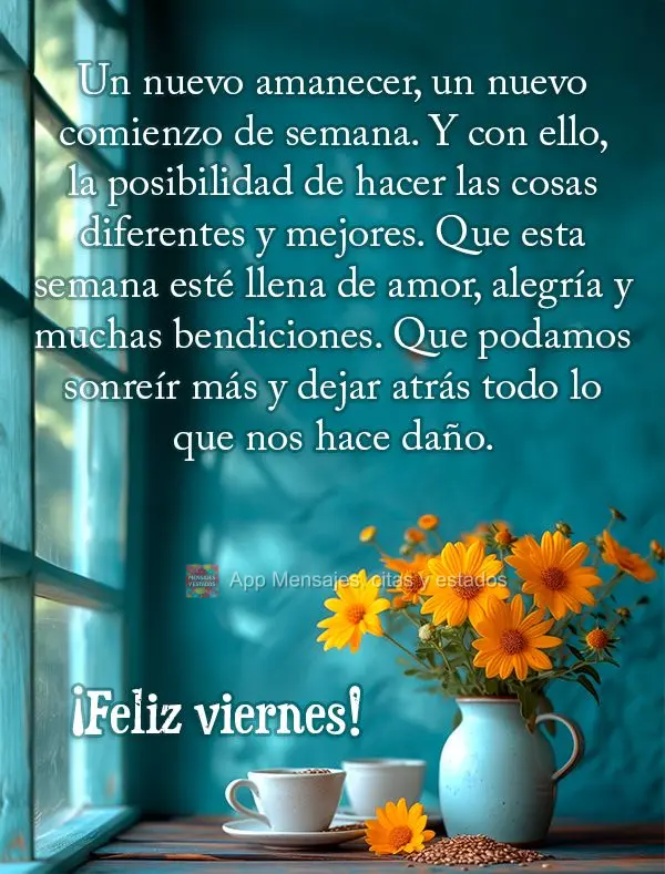 Un nuevo amanecer, un nuevo comienzo de semana. Y con ello, la posibilidad de hacer las cosas diferentes y mejores. Que esta semana esté llena de amor, ...