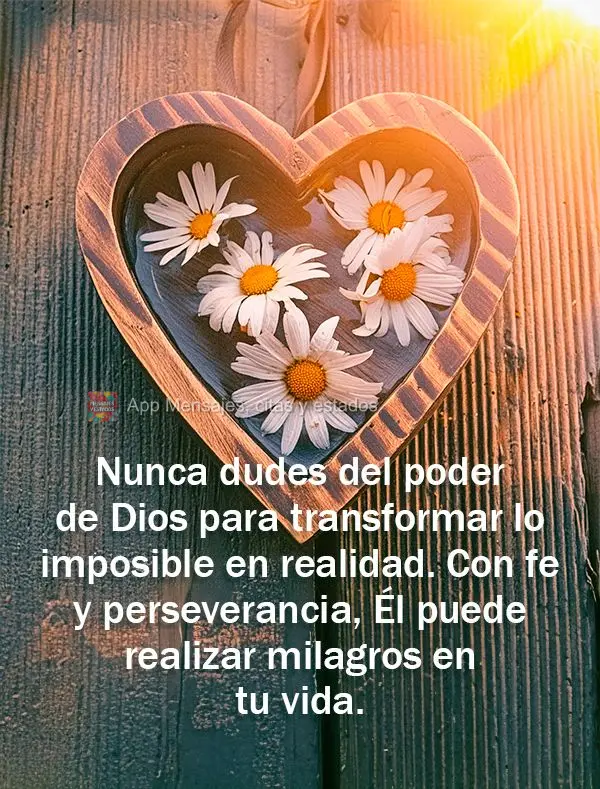 Nunca dudes del poder de Dios para transformar lo imposible en realidad. Con fe y perseverancia, Él puede realizar milagros en tu vida.