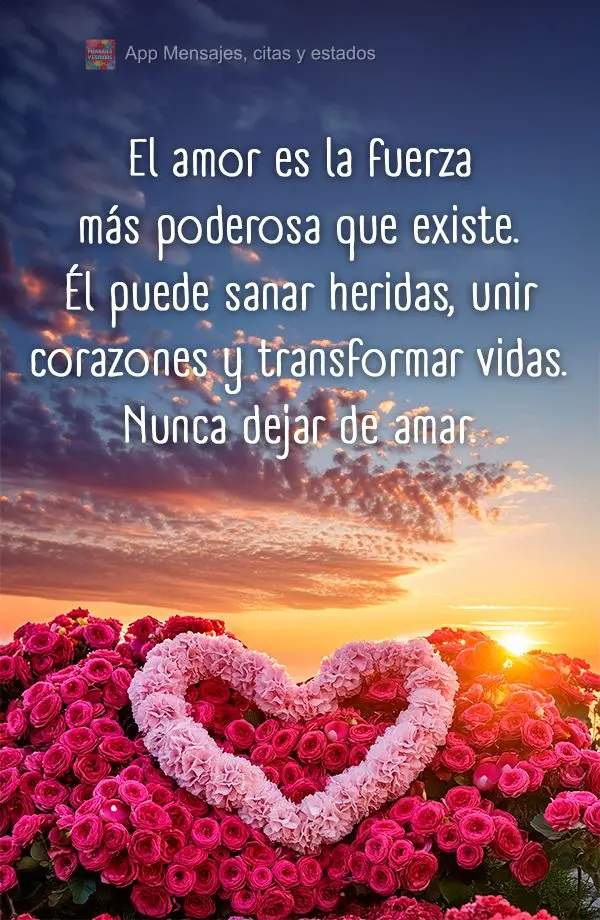 O amor é a força mais poderosa que existe. Ele pode curar feridas, unir corações e transformar vidas. Nunca deixe de amar.