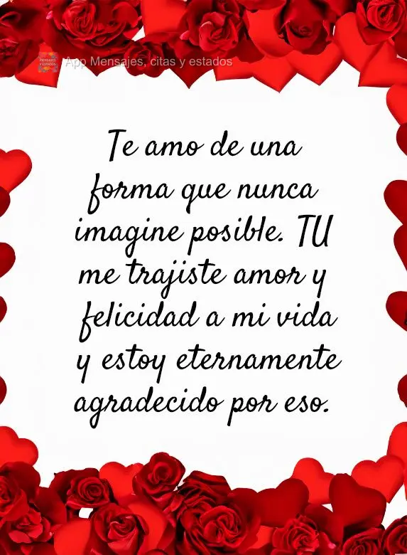 Te amo de una forma que nunca imagine posible. TU me trajiste amor y felicidad a mi vida y estoy eternamente agradecido por eso.