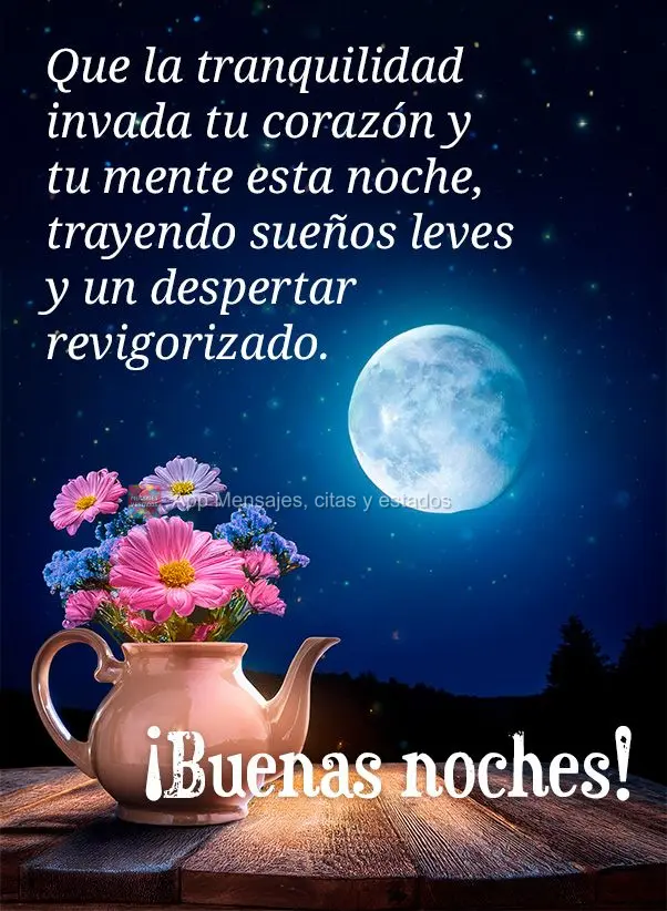 Que la tranquilidad invada tu corazón y tu mente esta noche, trayendo sueños leves y un despertar revigorizado.  ¡Buenas noches!