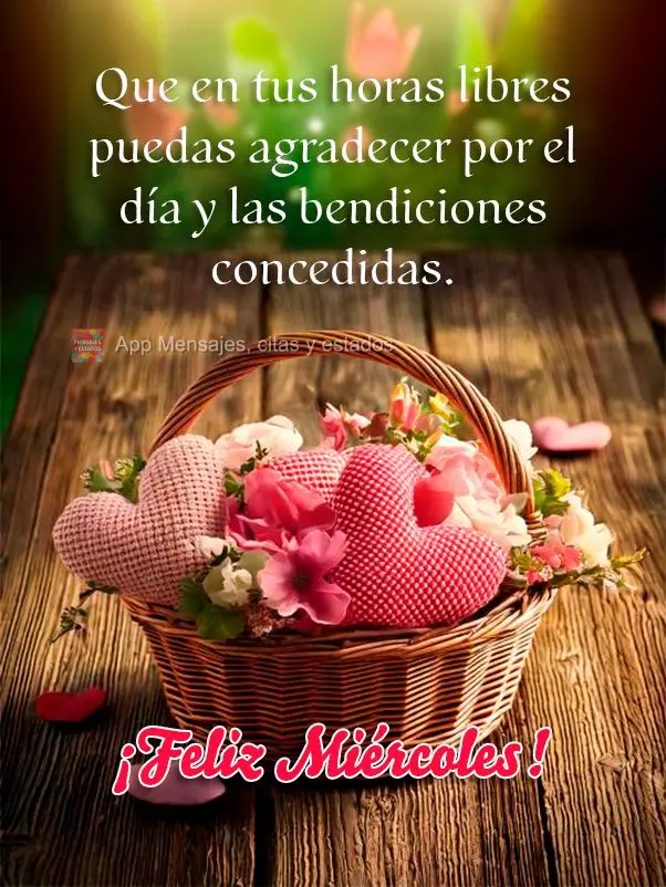 Que en tus horas libres puedas agradecer por el día y las bendiciones concedidas. ¡Feliz Miércoles!