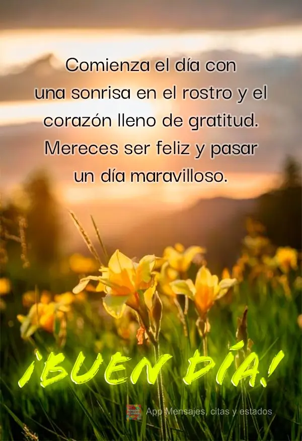 Comienza el día con una sonrisa en el rostro y el corazón lleno de gratitud. Mereces ser feliz y pasar un día maravilloso. ¡Buen día!