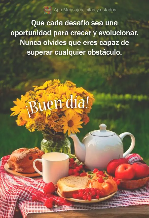 Que cada desafio seja uma oportunidade para crescer e evoluir. Nunca se esqueça de que você é capaz de superar qualquer obstáculo. Bom dia!