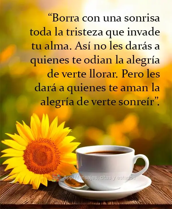 “Borra con una sonrisa toda la tristeza que invade tu alma. Así no les darás a quienes te odian la alegría de verte llorar. Pero les dará a quienes...