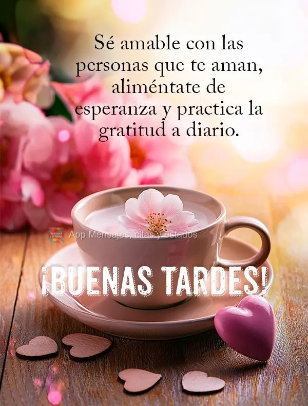 Seja gentil com as pessoas que lhe querem bem, alimente-se de esperança e pratique a gratidão diariamente. Boa tarde!