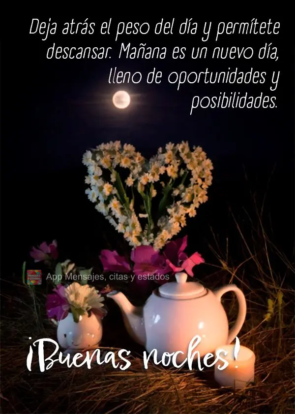 Deja atrás el peso del día y permítete descansar. Mañana es un nuevo día, lleno de oportunidades y posibilidades. ¡Buenas noches!
