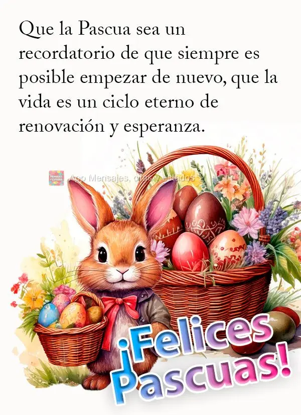 Que a Páscoa seja um lembrete de que sempre é possível recomeçar, de que a vida é um eterno ciclo de renovação e esperança. Feliz Páscoa!