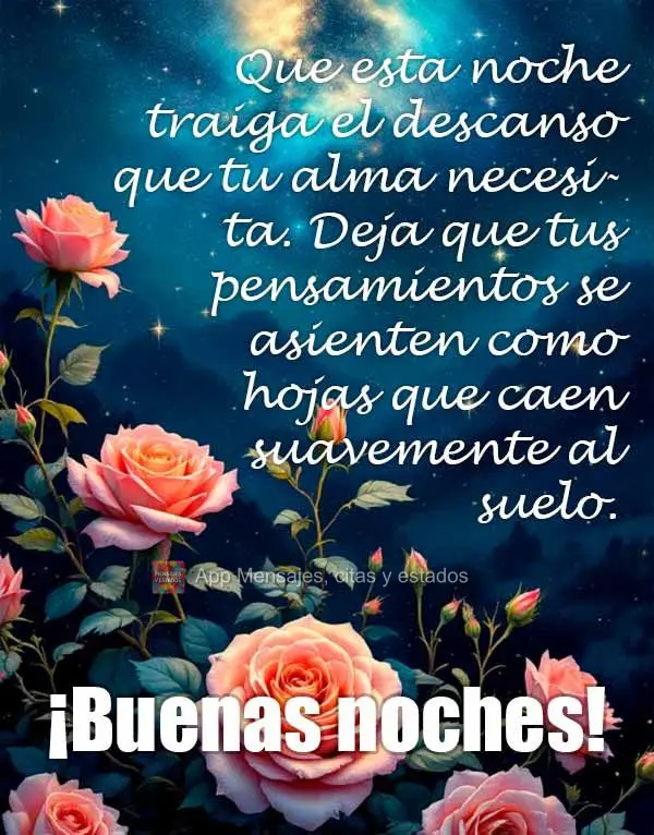 Que esta noite traga o descanso que sua alma precisa. Deixe os pensamentos se acalmarem como folhas que pousam suavemente no chão. Boa noite!