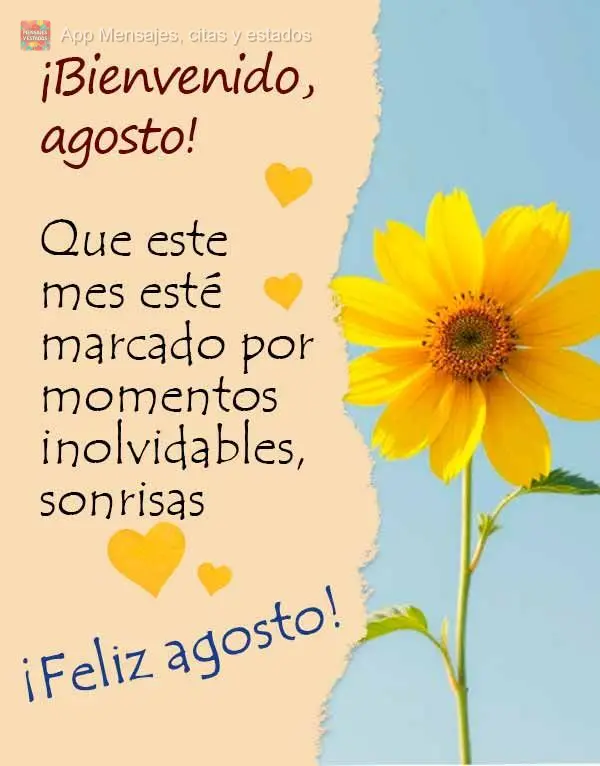¡Bienvenido, agosto! Que este mes esté marcado por momentos inolvidables, sonrisas sinceras y mucho amor. ¡Feliz agosto!