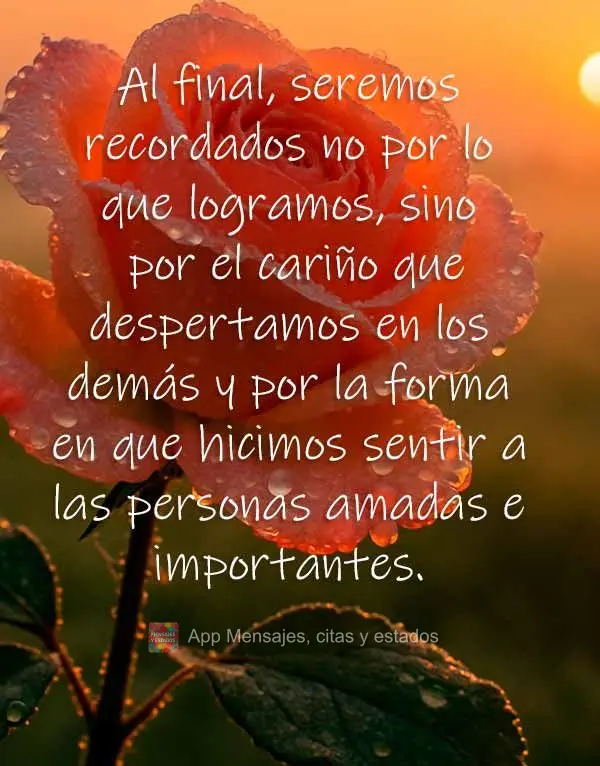 Al final, seremos recordados no por lo que logramos, sino por el cariño que despertamos en los demás y por la forma en que hicimos sentir a las persona...