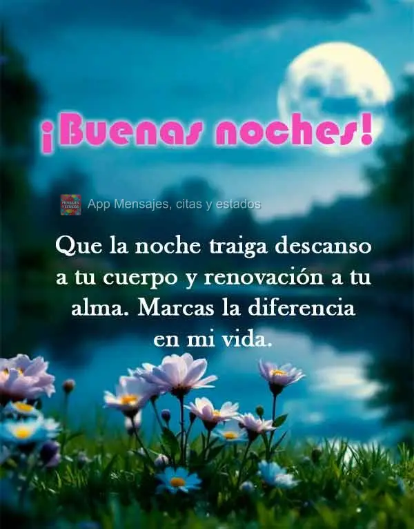 Que a noite traga descanso para seu corpo e renovação para sua alma. Você faz diferença na minha vida. Boa noite!