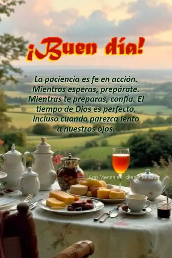 A paciência é a fé em ação. Enquanto espera, prepare-se. Enquanto prepara-se, confie. O tempo de Deus é perfeito, mesmo quando parece demorado aos ...