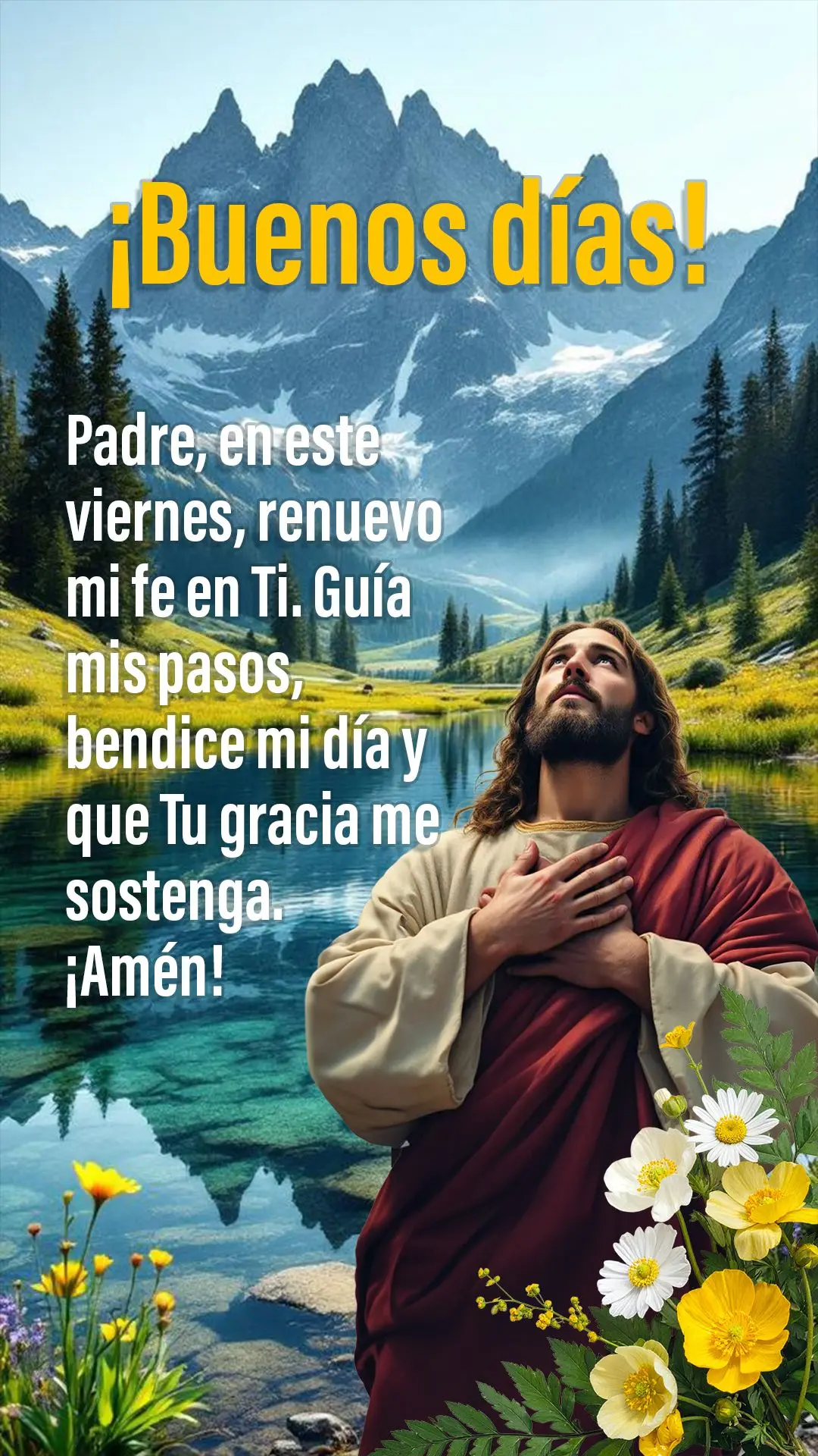 Pai, nesta sexta-feira, renovo minha fé em Ti. Guia meus passos, abençoa meu dia e que Tua graça me sustente. Amém! 🙏✨