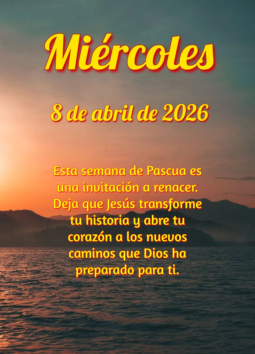 Senhor, nesta quarta-feira pascal, guia meus passos com Tua luz. Dá-me força para viver a alegria da ressurreição a cada momento. Amém.