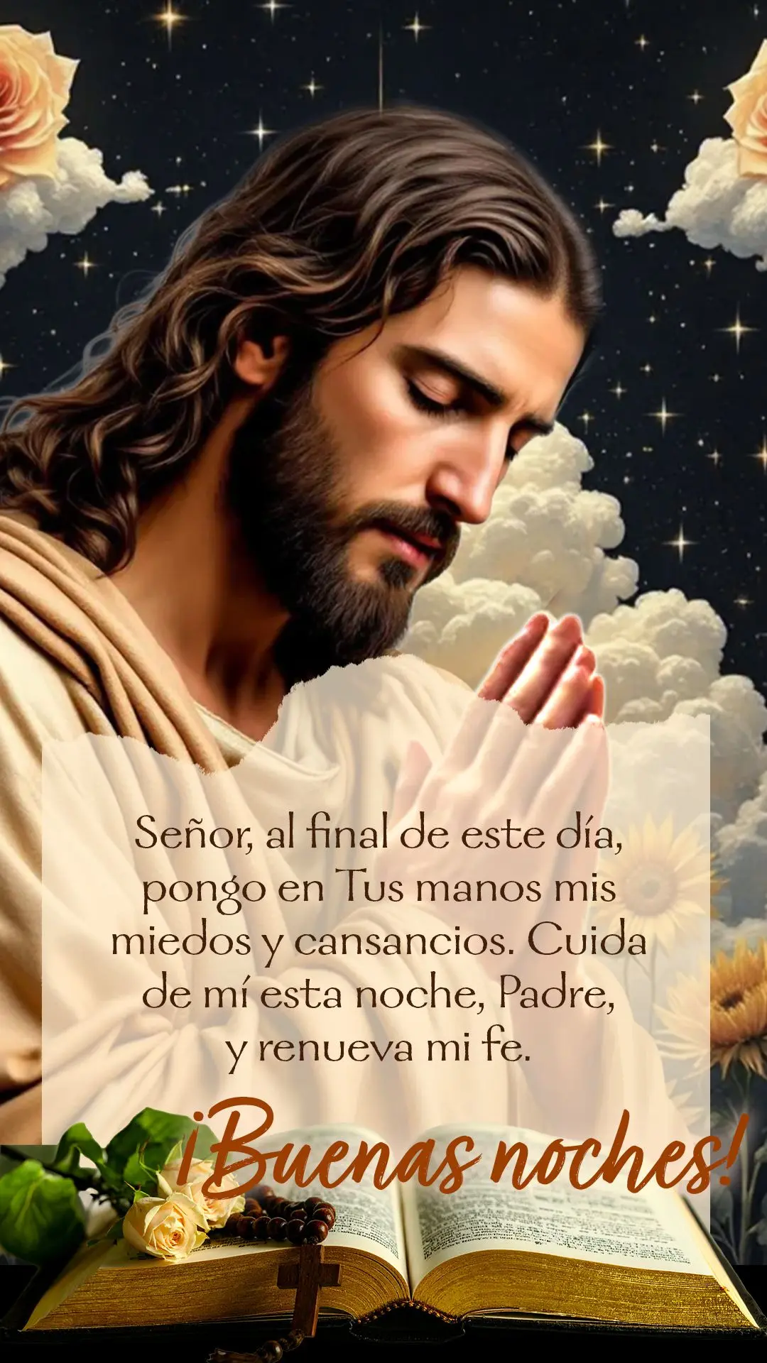 Senhor, ao fim deste dia, entrego em Tuas mãos meus medos e cansaços. Cuida de mim esta noite, Pai, e renova minha fé. Boa noite!