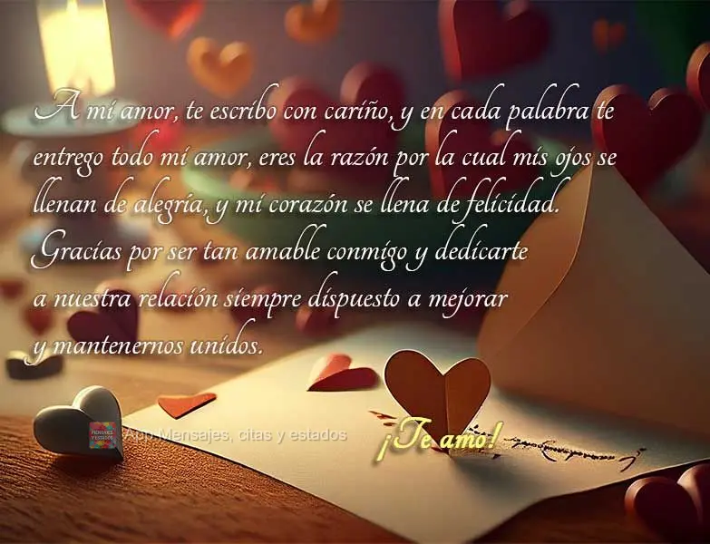A mi amor, te escribo con cariño, y en cada palabra te entrego todo mi amor, eres la razón por la cual mis ojos se llenan de alegría, y mi corazón se...