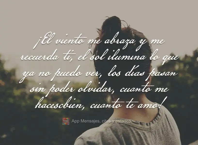 ¡El viento me abraza y me recuerda ti, el sol ilumina lo que ya no puedo ver, los días pasan sin poder olvidar, cuanto me haces bien, cuanto te amo!