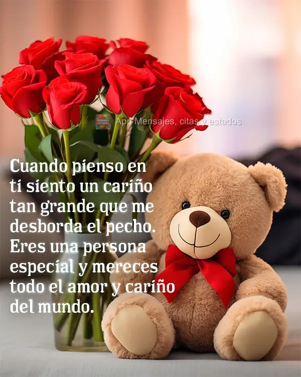 Cuando pienso en ti siento un cariño tan grande que me desborda el pecho. Eres una persona especial y mereces todo el amor y cariño del mundo.