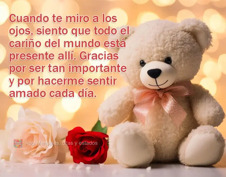 Cuando te miro a los ojos, siento que todo el cariño del mundo está presente allí. Gracias por ser tan importante y por hacerme sentir amado cada día...