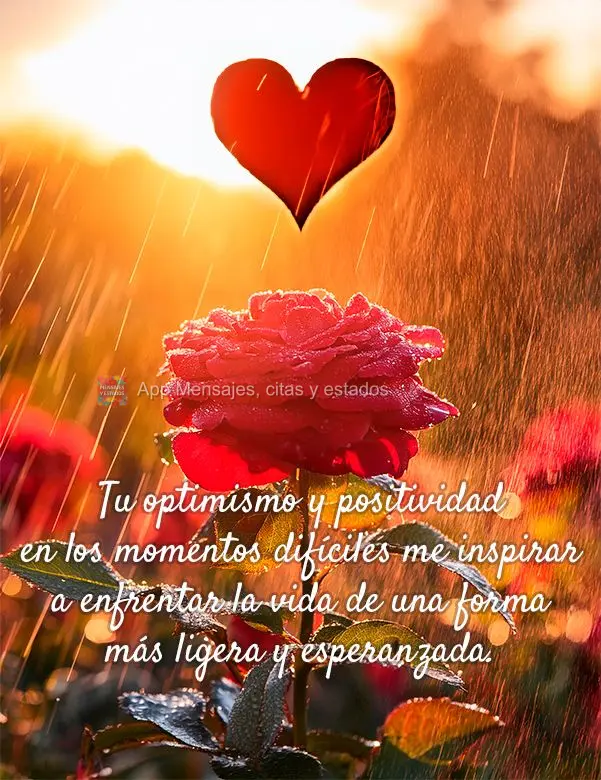 Tu optimismo y positividad en los momentos difíciles me inspirar a enfrentar la vida de una forma más ligera y esperanzada.